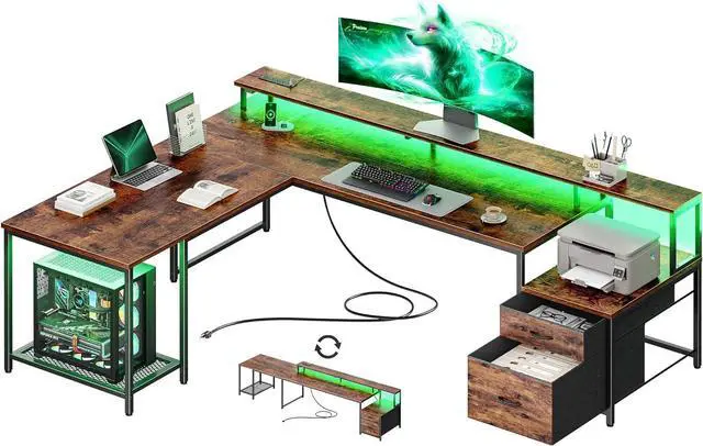 Main image of PRAISUN 66 Inch L Shaped Computer Desk with Power Outlets and LED Lights, Home Office Desk with Fabric Drawers and Print Stand, L Shape or Long Set up, Monitor Stand, Mesh CPU Stand, Rustic Brown