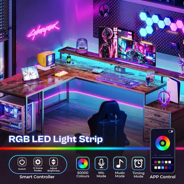 Alt view image 3 of 7 - PRAISUN 66 Inch L Shaped Computer Desk with Power Outlets and LED Lights, Home Office Desk with Fabric Drawers and Print Stand, L Shape or Long Set up, Monitor Stand, Mesh CPU Stand, Rustic Brown