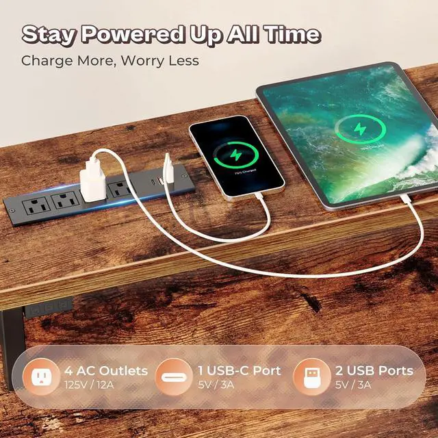 Alt view image 4 of 7 - PRAISUN 66 Inch L Shaped Computer Desk with Power Outlets and LED Lights, Home Office Desk with Fabric Drawers and Print Stand, L Shape or Long Set up, Monitor Stand, Mesh CPU Stand, Rustic Brown