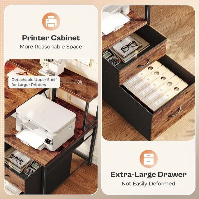 Alt view image 5 of 7 - PRAISUN 66 Inch L Shaped Computer Desk with Power Outlets and LED Lights, Home Office Desk with Fabric Drawers and Print Stand, L Shape or Long Set up, Monitor Stand, Mesh CPU Stand, Rustic Brown