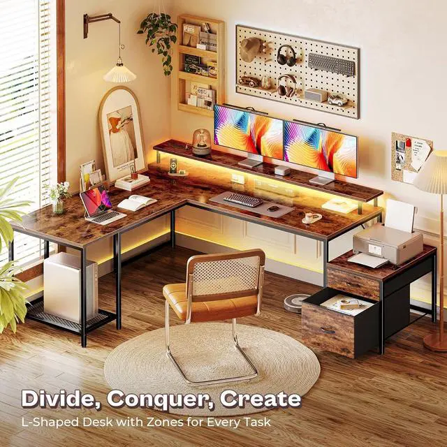 Alt view image 6 of 7 - PRAISUN 66 Inch L Shaped Computer Desk with Power Outlets and LED Lights, Home Office Desk with Fabric Drawers and Print Stand, L Shape or Long Set up, Monitor Stand, Mesh CPU Stand, Rustic Brown