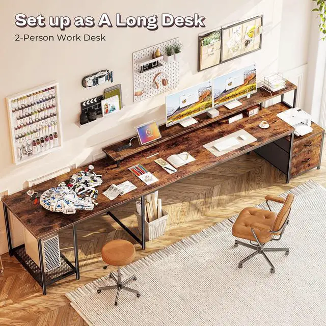 Alt view image 7 of 7 - PRAISUN 66 Inch L Shaped Computer Desk with Power Outlets and LED Lights, Home Office Desk with Fabric Drawers and Print Stand, L Shape or Long Set up, Monitor Stand, Mesh CPU Stand, Rustic Brown