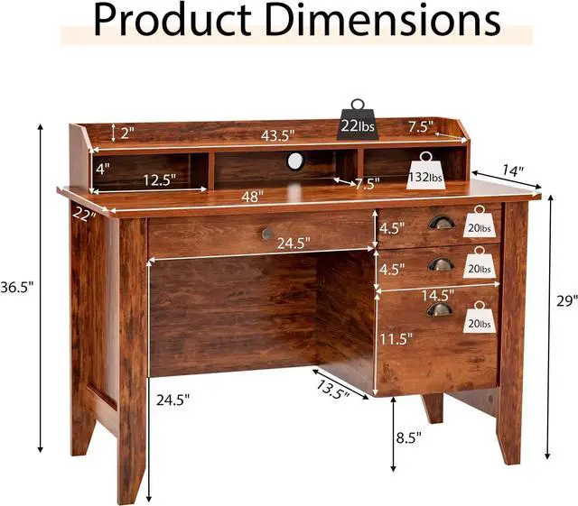 Alt view image 3 of 7 - Tangkula Computer Desk with 4 Storage Drawers & Hutch, 48" Home Office Desk Vintage Desk with Storage File Drawer & Cable Management Hole, Wooden Executive Desk Writing Study Desk