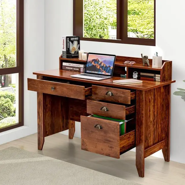 Alt view image 4 of 7 - Tangkula Computer Desk with 4 Storage Drawers & Hutch, 48" Home Office Desk Vintage Desk with Storage File Drawer & Cable Management Hole, Wooden Executive Desk Writing Study Desk