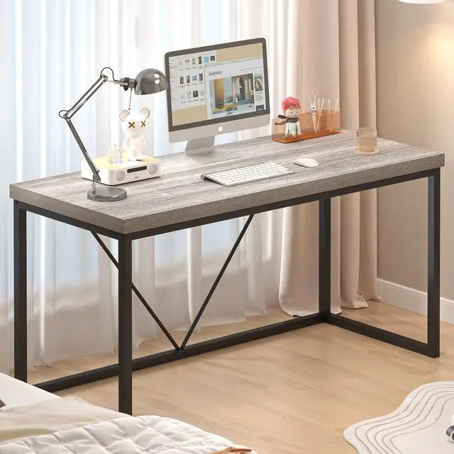 Alt view image 4 of 7 - FOLUBAN Modern Home Office Desk, Industrial Vintage Computer Desk, Rustic Wood and Metal Study Writing Table, Simple Work Gaming PC Desks for Bedroom Living Room, Light Grey 53 Inch