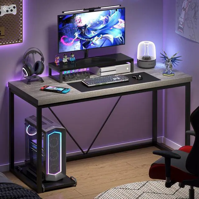 Alt view image 6 of 7 - FOLUBAN Modern Home Office Desk, Industrial Vintage Computer Desk, Rustic Wood and Metal Study Writing Table, Simple Work Gaming PC Desks for Bedroom Living Room, Light Grey 53 Inch