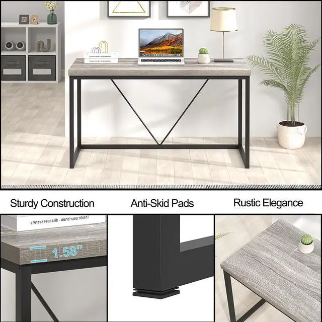 Alt view image 7 of 7 - FOLUBAN Modern Home Office Desk, Industrial Vintage Computer Desk, Rustic Wood and Metal Study Writing Table, Simple Work Gaming PC Desks for Bedroom Living Room, Light Grey 53 Inch