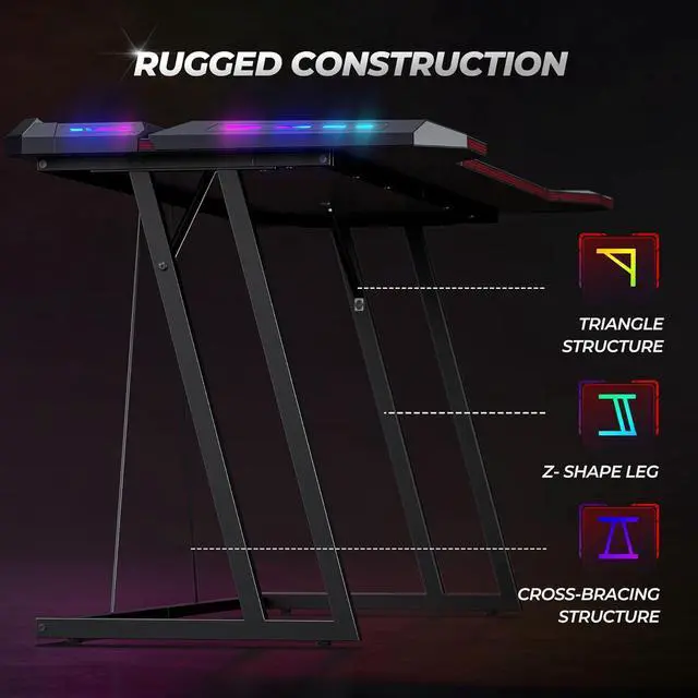 Alt view image 6 of 7 - CubiCubi 55 Inch Carbon Fiber Surface Gaming Desk with LED Lights, Z-Shaped Computer Table, Ergonomic Office Desk & PC Workstation with Cable Management, Home Office Desks & Gamer Table, Black