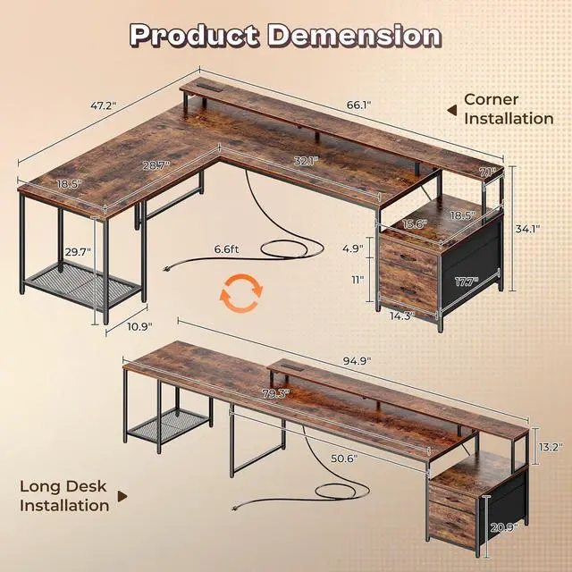 Alt view image 2 of 7 - PRAISUN 66 Inch L Shaped Computer Desk with Power Outlets and LED Lights, Home Office Desk with Fabric Drawers and Print Stand, L Shape or Long Set up, Monitor Stand, Mesh CPU Stand, Rustic Brown
