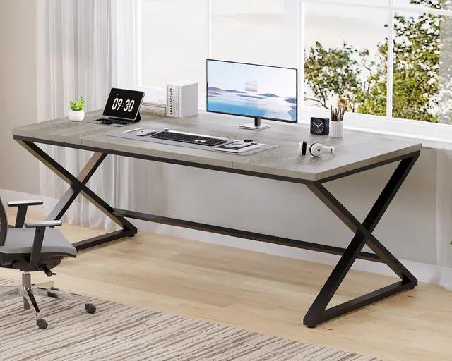Main image of LVB Large Desk, 70.8 Extra Long Computer Desk for Home Office, Industrial Wide Work Desks for Writing Study in Bedroom, Simple Wood Metal Gaming Desk Executive Workstation Dual Monitor, Light Grey