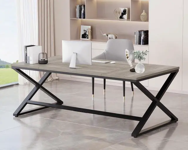 Alt view image 3 of 7 - LVB Large Desk, 70.8 Extra Long Computer Desk for Home Office, Industrial Wide Work Desks for Writing Study in Bedroom, Simple Wood Metal Gaming Desk Executive Workstation Dual Monitor, Light Grey
