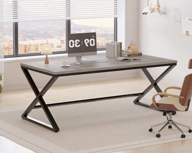 Alt view image 6 of 7 - LVB Large Desk, 70.8 Extra Long Computer Desk for Home Office, Industrial Wide Work Desks for Writing Study in Bedroom, Simple Wood Metal Gaming Desk Executive Workstation Dual Monitor, Light Grey