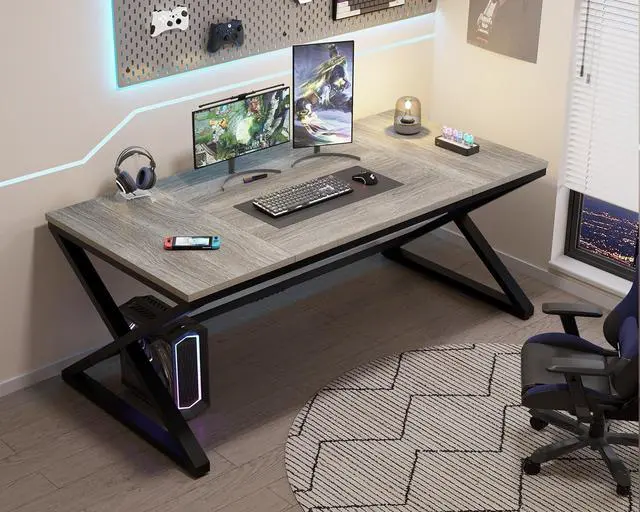 Alt view image 5 of 7 - LVB Large Desk, 70.8 Extra Long Computer Desk for Home Office, Industrial Wide Work Desks for Writing Study in Bedroom, Simple Wood Metal Gaming Desk Executive Workstation Dual Monitor, Light Grey