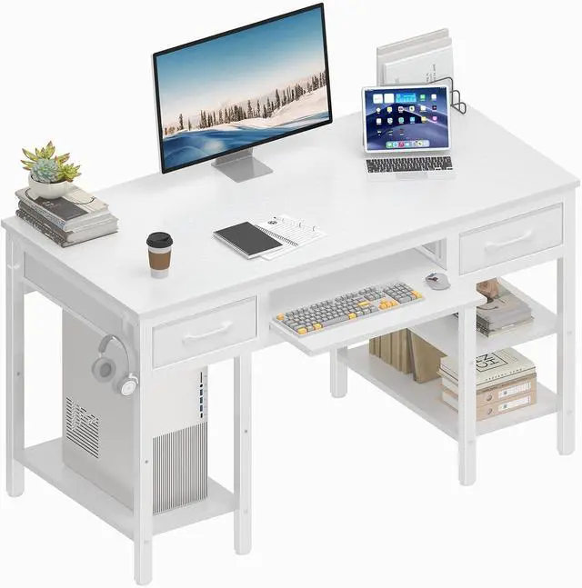 Main image of Lufeiya White Desk with Keyboard Tray Slide Out, 47 Inch Home Office Computer Desks with Fabric Drawers & Storage Shelves, Modern Simple Study Writing Table PC Desks for Bedroom, White