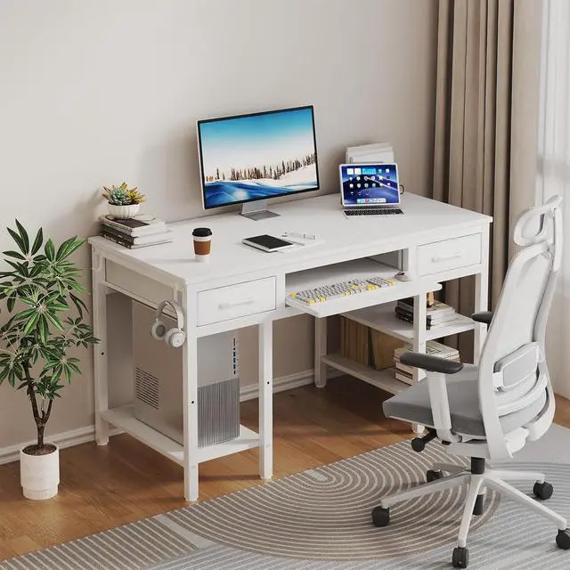 Alt view image 2 of 7 - Lufeiya White Desk with Keyboard Tray Slide Out, 47 Inch Home Office Computer Desks with Fabric Drawers & Storage Shelves, Modern Simple Study Writing Table PC Desks for Bedroom, White