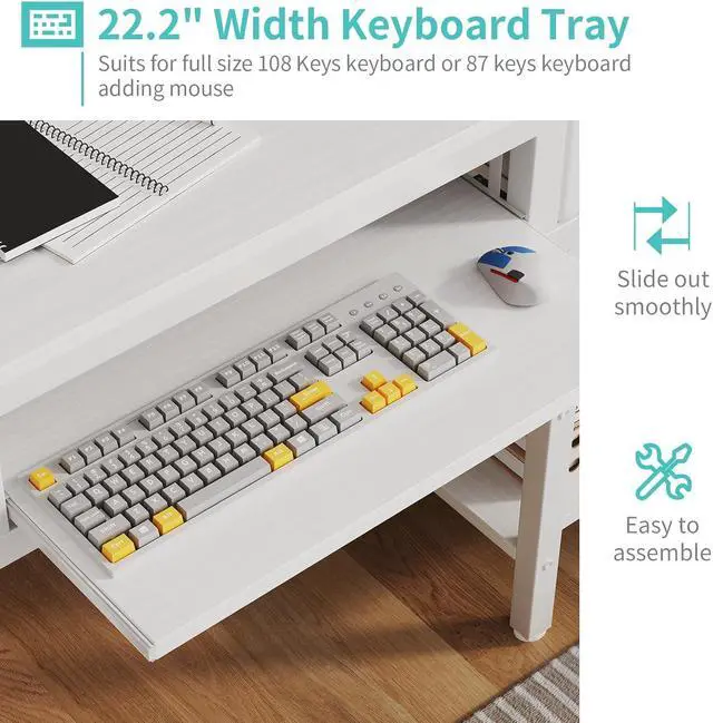 Alt view image 4 of 7 - Lufeiya White Desk with Keyboard Tray Slide Out, 47 Inch Home Office Computer Desks with Fabric Drawers & Storage Shelves, Modern Simple Study Writing Table PC Desks for Bedroom, White