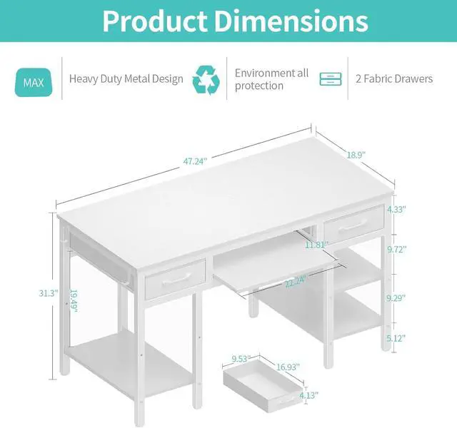 Alt view image 3 of 7 - Lufeiya White Desk with Keyboard Tray Slide Out, 47 Inch Home Office Computer Desks with Fabric Drawers & Storage Shelves, Modern Simple Study Writing Table PC Desks for Bedroom, White