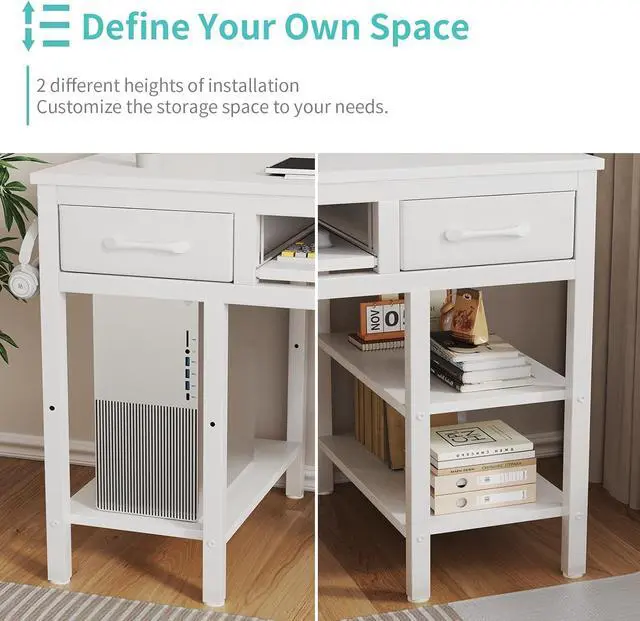 Alt view image 5 of 7 - Lufeiya White Desk with Keyboard Tray Slide Out, 47 Inch Home Office Computer Desks with Fabric Drawers & Storage Shelves, Modern Simple Study Writing Table PC Desks for Bedroom, White