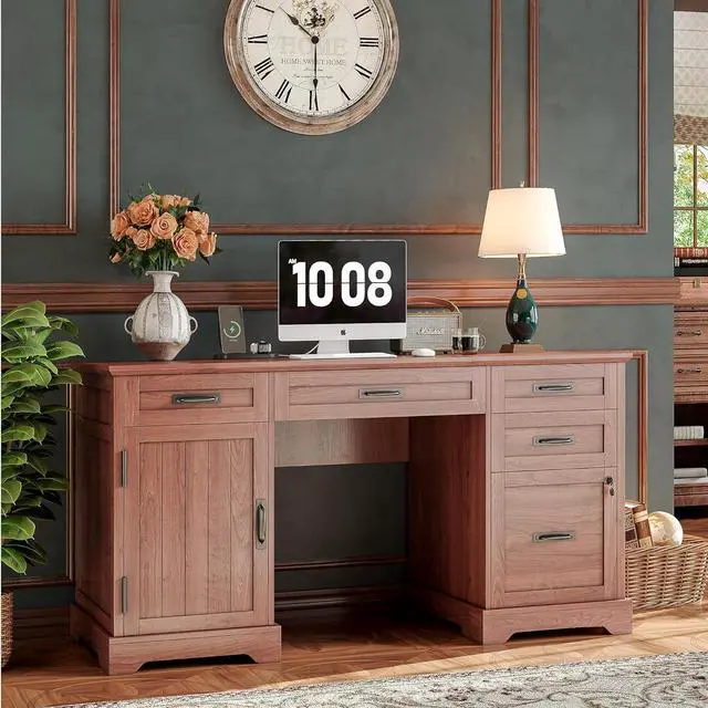 Main image of Alohappy 55'' Farmhouse Executive Desk, Home Office Desk with Drawers, Wood Computert Desk with File Cabinet and Power Outlets, Cherry Brown