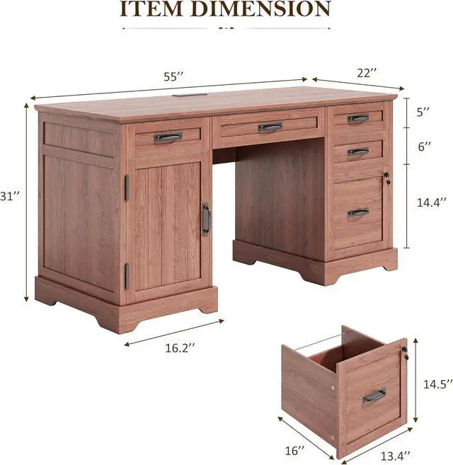 Alt view image 2 of 7 - Alohappy 55'' Farmhouse Executive Desk, Home Office Desk with Drawers, Wood Computert Desk with File Cabinet and Power Outlets, Cherry Brown