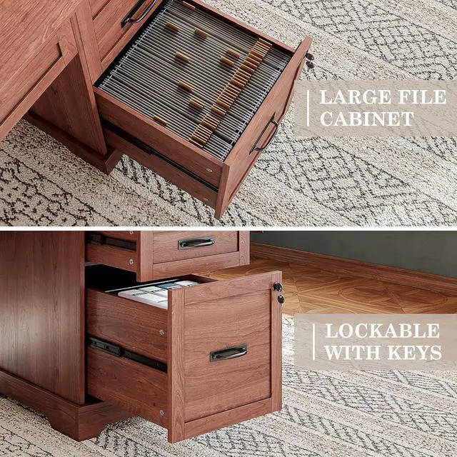 Alt view image 4 of 7 - Alohappy 55'' Farmhouse Executive Desk, Home Office Desk with Drawers, Wood Computert Desk with File Cabinet and Power Outlets, Cherry Brown