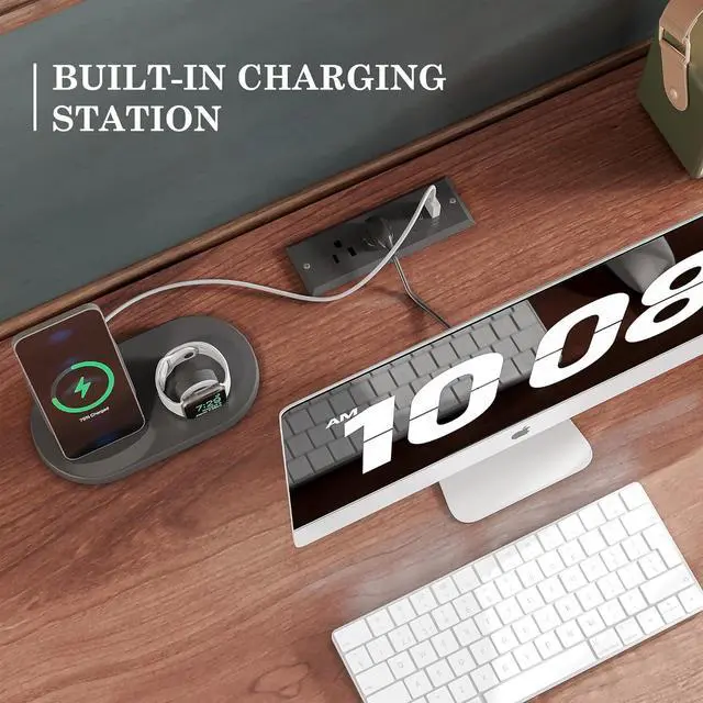 Alt view image 6 of 7 - Alohappy 55'' Farmhouse Executive Desk, Home Office Desk with Drawers, Wood Computert Desk with File Cabinet and Power Outlets, Cherry Brown