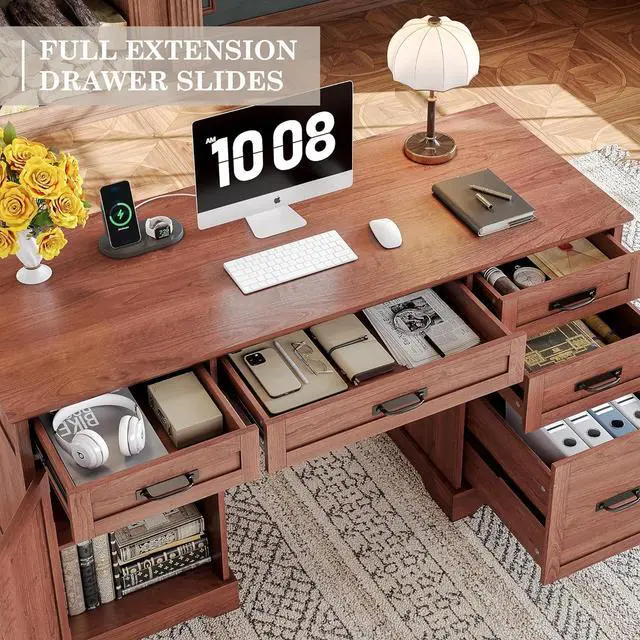 Alt view image 5 of 7 - Alohappy 55'' Farmhouse Executive Desk, Home Office Desk with Drawers, Wood Computert Desk with File Cabinet and Power Outlets, Cherry Brown