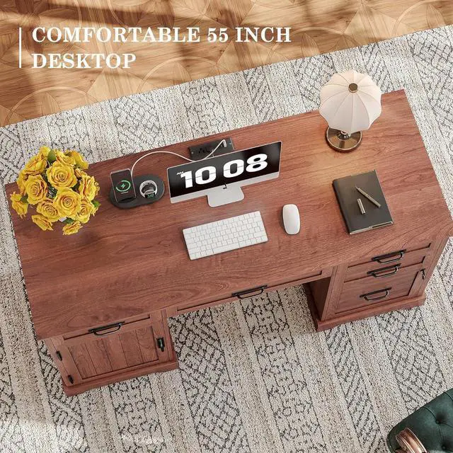 Alt view image 7 of 7 - Alohappy 55'' Farmhouse Executive Desk, Home Office Desk with Drawers, Wood Computert Desk with File Cabinet and Power Outlets, Cherry Brown