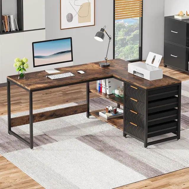 Alt view image 3 of 7 - Tribesigns L Shaped Computer Desk with Storage Drawers, 59 inch Corner Desk with Shelves, Reversible L-Shaped Office Desk Study Writing Table Workstation for Home Office, Brown
