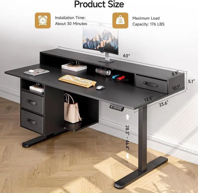 Alt view image 2 of 7 - Standing Desk with Drawers, 63x24 Inch Electric Stand Up Desk with 3 Drawers and Open Storage Shelf, Adjustable Height 28-46 Inches for Home and Computer Workstation, Black