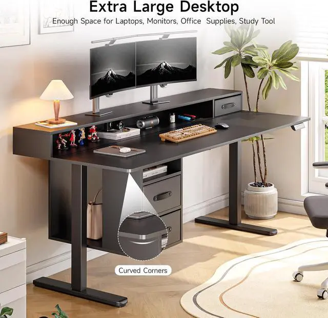 Alt view image 4 of 7 - Standing Desk with Drawers, 63x24 Inch Electric Stand Up Desk with 3 Drawers and Open Storage Shelf, Adjustable Height 28-46 Inches for Home and Computer Workstation, Black
