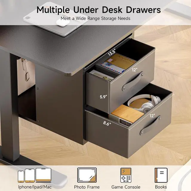 Alt view image 6 of 7 - Standing Desk with Drawers, 63x24 Inch Electric Stand Up Desk with 3 Drawers and Open Storage Shelf, Adjustable Height 28-46 Inches for Home and Computer Workstation, Black