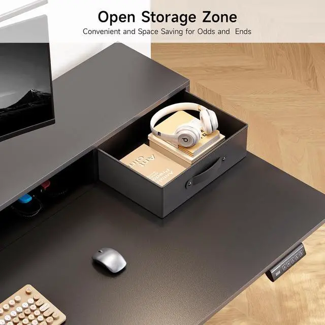 Alt view image 7 of 7 - Standing Desk with Drawers, 63x24 Inch Electric Stand Up Desk with 3 Drawers and Open Storage Shelf, Adjustable Height 28-46 Inches for Home and Computer Workstation, Black