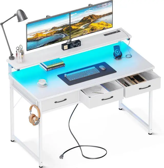 Main image of ODK 48 Inch Computer Desk with 3 Drawers and USB Power Outlets, Home Office Desks with LED Lights and Adjustable Monitor Stand, Work from Home, Modern Work/Writing/Study Table for Bedroom, White