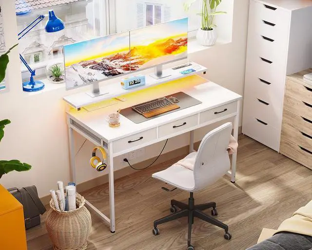 Alt view image 2 of 7 - ODK 48 Inch Computer Desk with 3 Drawers and USB Power Outlets, Home Office Desks with LED Lights and Adjustable Monitor Stand, Work from Home, Modern Work/Writing/Study Table for Bedroom, White