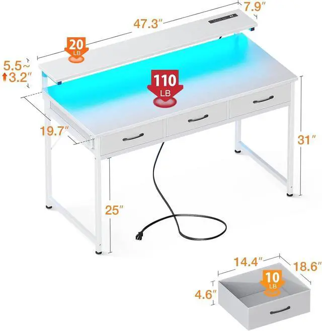 Alt view image 3 of 7 - ODK 48 Inch Computer Desk with 3 Drawers and USB Power Outlets, Home Office Desks with LED Lights and Adjustable Monitor Stand, Work from Home, Modern Work/Writing/Study Table for Bedroom, White