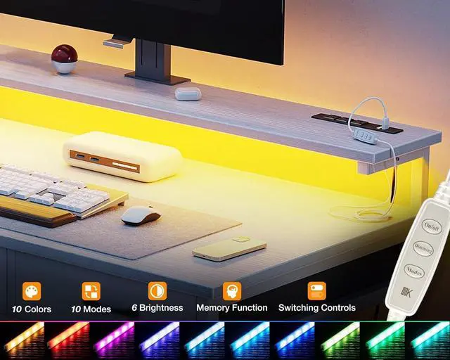Alt view image 4 of 7 - ODK 48 Inch Computer Desk with 3 Drawers and USB Power Outlets, Home Office Desks with LED Lights and Adjustable Monitor Stand, Work from Home, Modern Work/Writing/Study Table for Bedroom, White