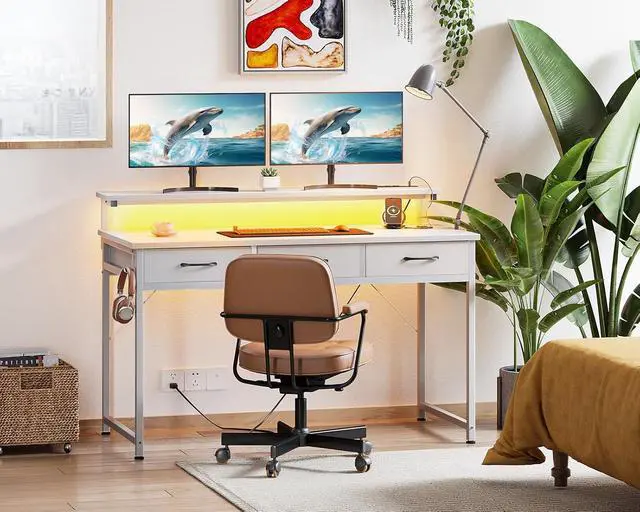 Alt view image 7 of 7 - ODK 48 Inch Computer Desk with 3 Drawers and USB Power Outlets, Home Office Desks with LED Lights and Adjustable Monitor Stand, Work from Home, Modern Work/Writing/Study Table for Bedroom, White
