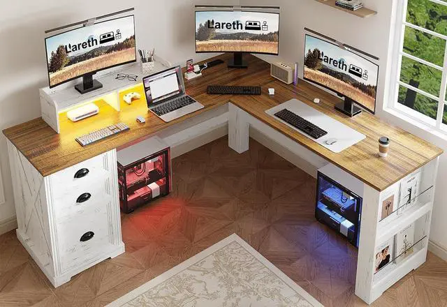 Main image of L Shaped Desk with Monitor Stand Farmhouse Computer Desk with Led Light and Power Outlet, Executive Desk for Home Office Room Workstation with File Cabinet for Working Gaming, Antique White