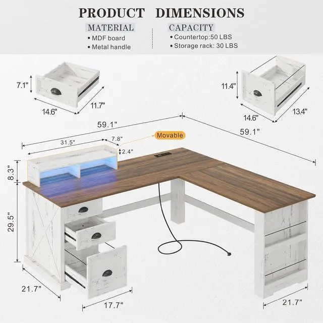 Alt view image 2 of 7 - L Shaped Desk with Monitor Stand Farmhouse Computer Desk with Led Light and Power Outlet, Executive Desk for Home Office Room Workstation with File Cabinet for Working Gaming, Antique White