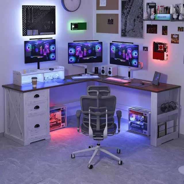 Alt view image 3 of 7 - L Shaped Desk with Monitor Stand Farmhouse Computer Desk with Led Light and Power Outlet, Executive Desk for Home Office Room Workstation with File Cabinet for Working Gaming, Antique White
