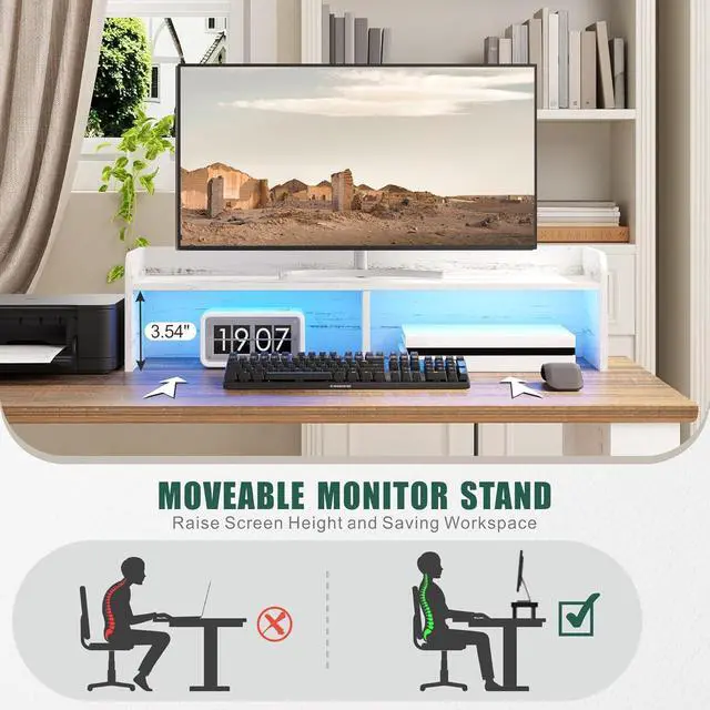 Alt view image 4 of 7 - L Shaped Desk with Monitor Stand Farmhouse Computer Desk with Led Light and Power Outlet, Executive Desk for Home Office Room Workstation with File Cabinet for Working Gaming, Antique White