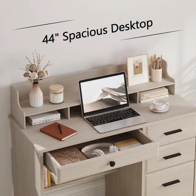 Alt view image 3 of 7 - 4 EVER WINNER Small Desk with Drawers, Computer Desk with File Cabinet & Monitor Stand, Home Office Desks with Drawers, Wood Writing Desk for Bedroom, Off White