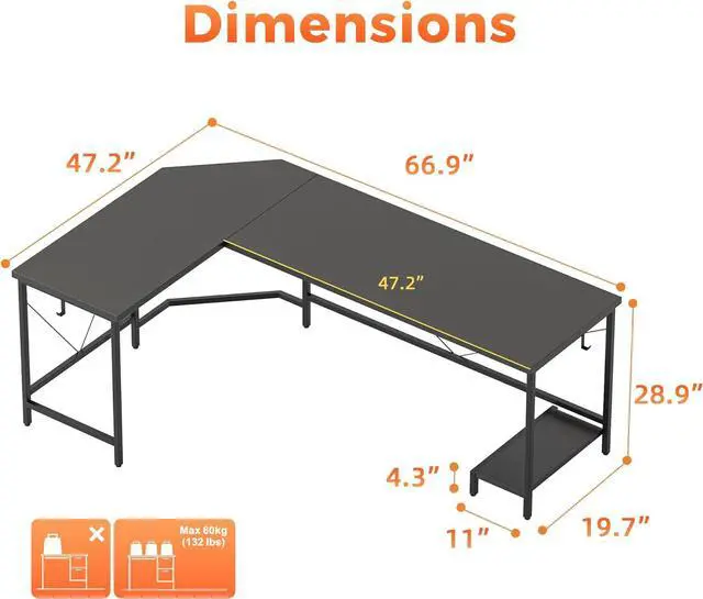 Alt view image 2 of 7 - L Shaped Desk 66 inch for Home Office, Corner Computer Desk Gaming Desk Wood l Desk with CPU Stand, Study Writing Table(CPU Stand, Black, 66 inch)