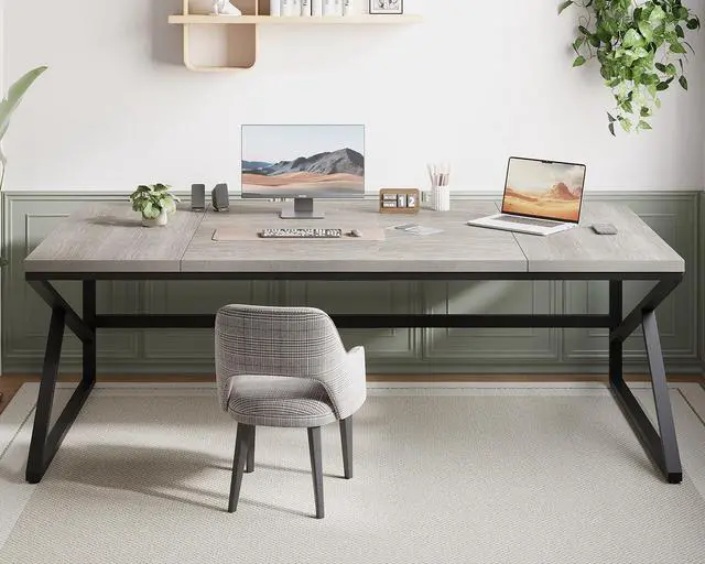 Alt view image 3 of 7 - HSH 78 Inch Long Home Office Desk, Extra Large Grey Computer Desk for 2 Person, Industrial Wooden and Metal Executive Work Writing Study Gaming Desk Table, Modern Bedroom PC Laptop Desk Double Desk