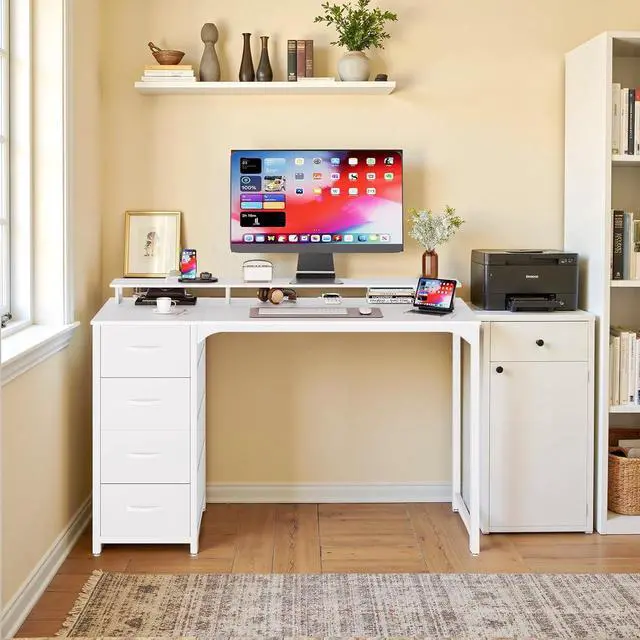 Alt view image 2 of 6 - 47-inch Computer Desk with 4 Drawers, LED Light and Charging Station, Home Office Desk with Storage Shelf, White