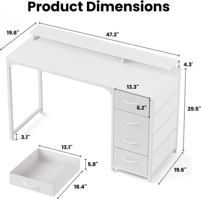 Alt view image 3 of 6 - 47-inch Computer Desk with 4 Drawers, LED Light and Charging Station, Home Office Desk with Storage Shelf, White