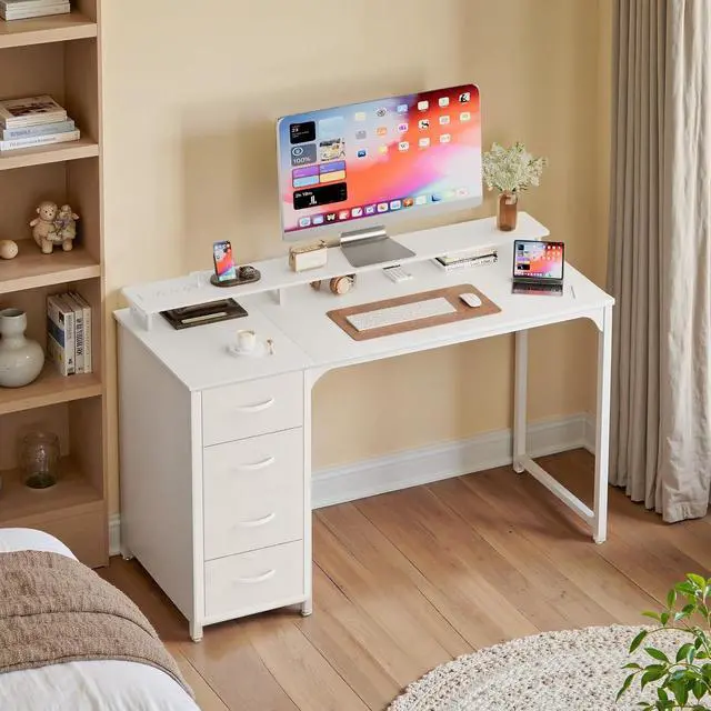 Alt view image 4 of 6 - 47-inch Computer Desk with 4 Drawers, LED Light and Charging Station, Home Office Desk with Storage Shelf, White
