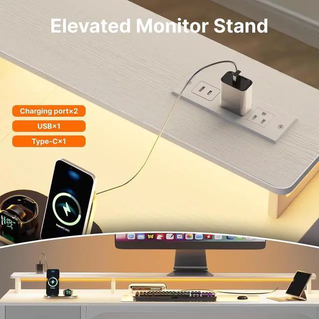 Alt view image 5 of 6 - 47-inch Computer Desk with 4 Drawers, LED Light and Charging Station, Home Office Desk with Storage Shelf, White
