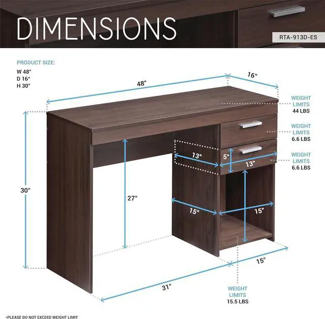 Alt view image 3 of 7 - Techni Mobili 48" Modern Computer Desk with Drawers, Small Desk for Bedroom or Office, Espresso Brown